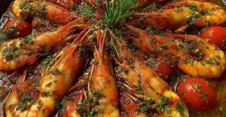 Gambas poêlées à l’ail et tomates cerises dans une grande poêle, herbes du Sud fraîches, sauce brillante à l’huile d’olive et citron, présentation chaude et ensoleillée.