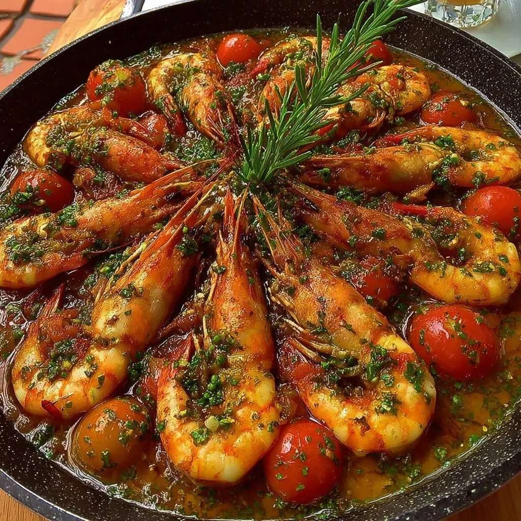 Gambas poêlées à l’ail et tomates cerises dans une grande poêle, herbes du Sud fraîches, sauce brillante à l’huile d’olive et citron, présentation chaude et ensoleillée.