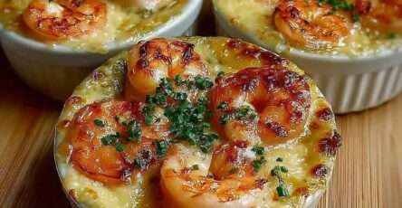 Cassolettes aux crevettes et poireaux gratinées au four, sauce crémeuse onctueuse, fromage doré, herbes fraîches et présentation chaude et gourmande.
