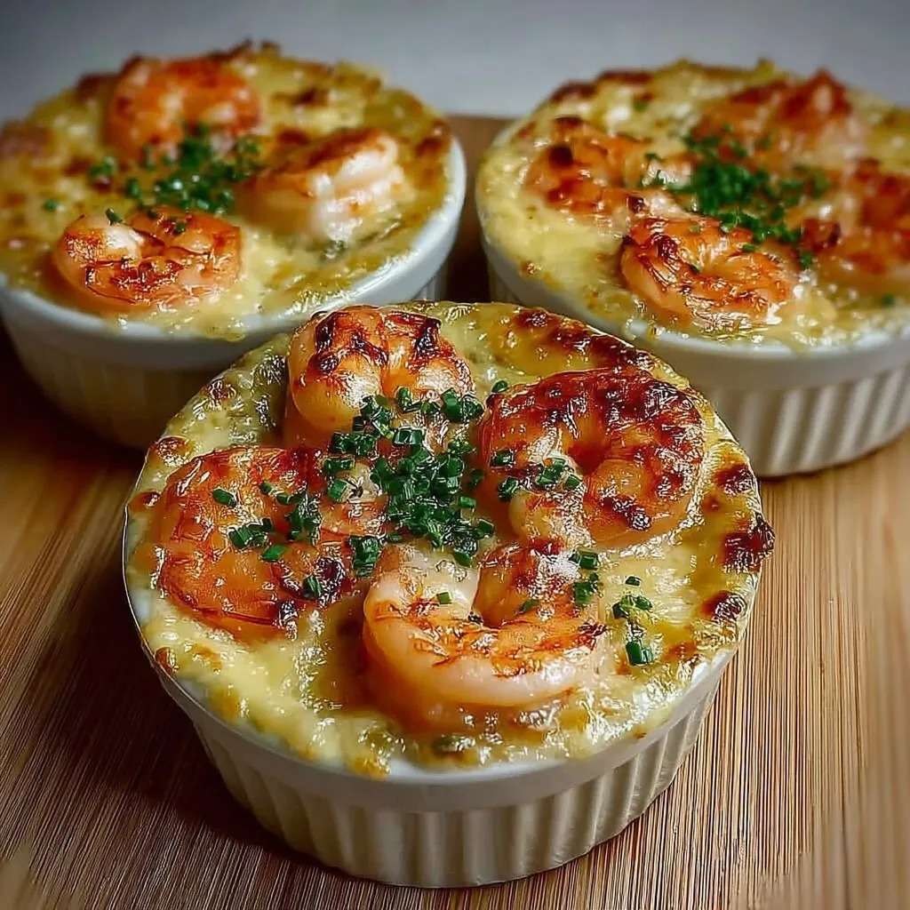 Cassolettes aux crevettes et poireaux gratinées au four, sauce crémeuse onctueuse, fromage doré, herbes fraîches et présentation chaude et gourmande.