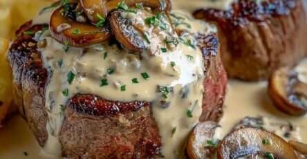 Filet mignon de porc en médaillons nappé de sauce crémeuse au Boursin, champignons dorés, persil frais et présentation chaude et gourmande dans une poêle.