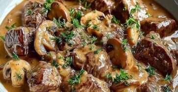 Bœuf Stroganoff crémeux aux champignons servi chaud dans une poêle, morceaux de bœuf tendres nappés de sauce onctueuse, persil frais et champignons dorés.