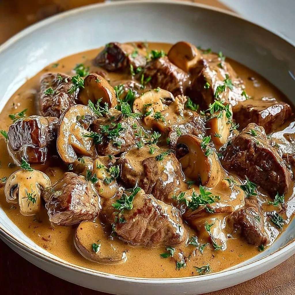Bœuf Stroganoff crémeux aux champignons servi chaud dans une poêle, morceaux de bœuf tendres nappés de sauce onctueuse, persil frais et champignons dorés.