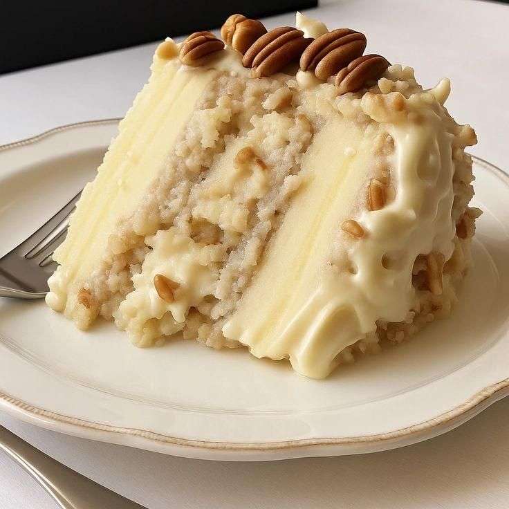 Gâteau à étages aux amandes recouvert d’un glaçage crémeux à la noix de coco et aux noix de pécan, texture fondante et finition gourmande