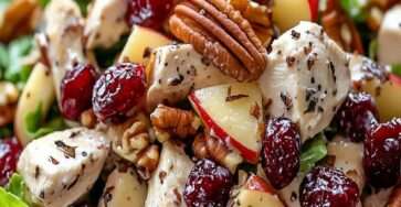 Salade de poulet crémeuse avec canneberges séchées, pacanes grillées et morceaux de pomme, servie sur feuilles de laitue verte fraîche.