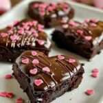Cœurs de brownies au chocolat glacés avec nappage brillant, décorations en forme de cœur, texture fondante et présentation élégante pour la Saint-Valentin.