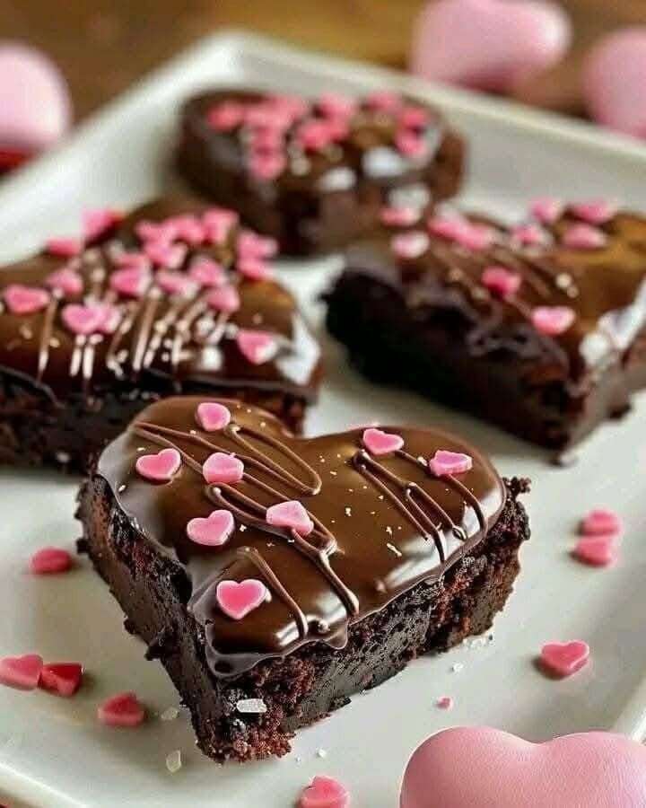 Cœurs de brownies au chocolat glacés avec nappage brillant, décorations en forme de cœur, texture fondante et présentation élégante pour la Saint-Valentin.