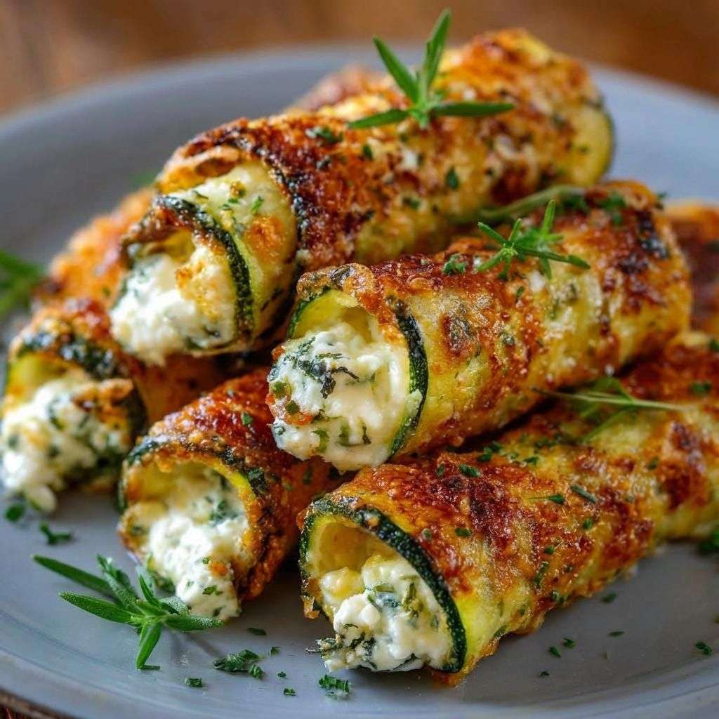 Roulés de courgettes gratinés à la ricotta, mozzarella et parmesan, nappés de sauce tomate et servis bien dorés au four