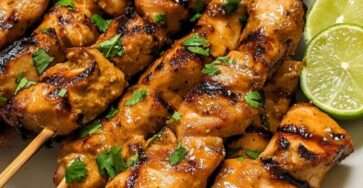 Brochettes de poulet satay dorées au grill avec marinade coco-épices, servies avec sauce aux cacahuètes crémeuse et coriandre fraîche.