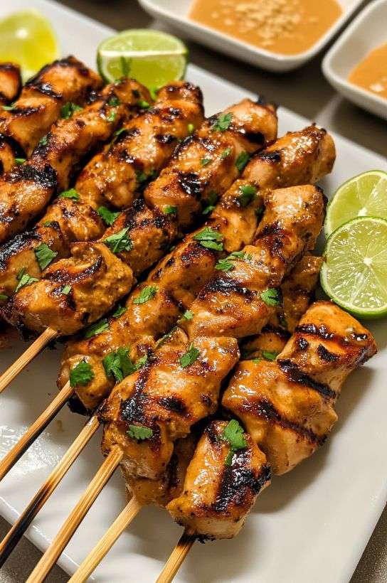 Brochettes de poulet satay dorées au grill avec marinade coco-épices, servies avec sauce aux cacahuètes crémeuse et coriandre fraîche.
