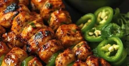 Brochettes de poulet grillé dorées avec poivron et oignon rouge, accompagnées d’une sauce crémeuse à la coriandre, servies chaudes sur un plat en bois.