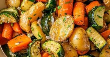 Légumes rôtis rôties au four avec ail, thym et romarin, légumes dorés et croustillants servis chauds