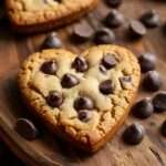 Cookies aux pépites de chocolat en forme de cœur, dorés sur les bords et moelleux au centre, pépites fondantes visibles, présentation gourmande sur une plaque.