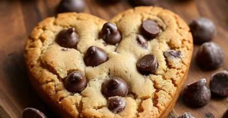 Cookies aux pépites de chocolat en forme de cœur, dorés sur les bords et moelleux au centre, pépites fondantes visibles, présentation gourmande sur une plaque.