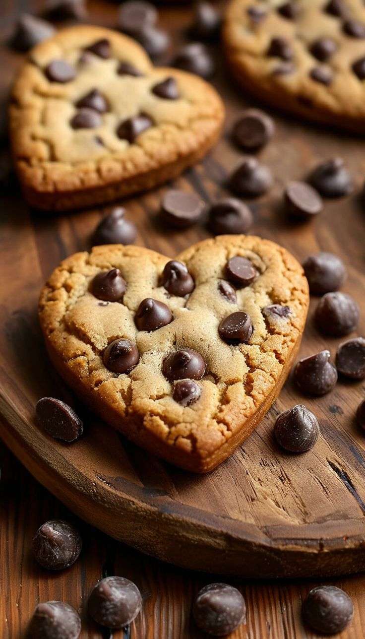 Cookies aux pépites de chocolat en forme de cœur, dorés sur les bords et moelleux au centre, pépites fondantes visibles, présentation gourmande sur une plaque.