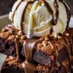 Sundae aux brownies avec brownie chaud, boule de glace vanille, sauce chocolat fondante et noix croquantes, présentation gourmande dans un bol.