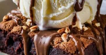 Sundae aux brownies avec brownie chaud, boule de glace vanille, sauce chocolat fondante et noix croquantes, présentation gourmande dans un bol.