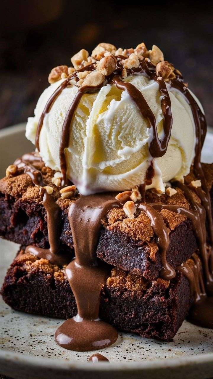 Sundae aux brownies avec brownie chaud, boule de glace vanille, sauce chocolat fondante et noix croquantes, présentation gourmande dans un bol.