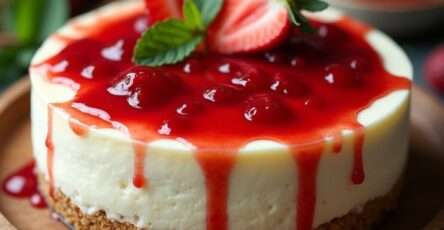 Cheesecake aux fraises sans cuisson avec base biscuitée, crème au fromage frais et coulis de fraises coulant sur les bords, décoré de fraises fraîches et de menthe