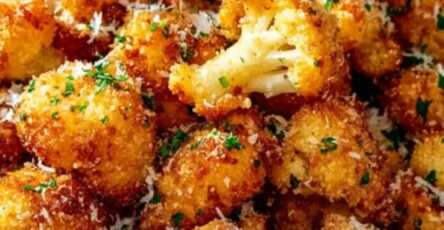 Fleurettes de chou-fleur croustillantes au parmesan, panure dorée au four, servies chaudes avec persil frais