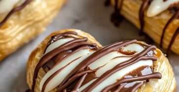 Feuilletés au chocolat en forme de cœur garnis de chocolat, pâte feuilletée dorée et croustillante, filets de chocolat au lait et blanc, présentation élégante sur assiette.