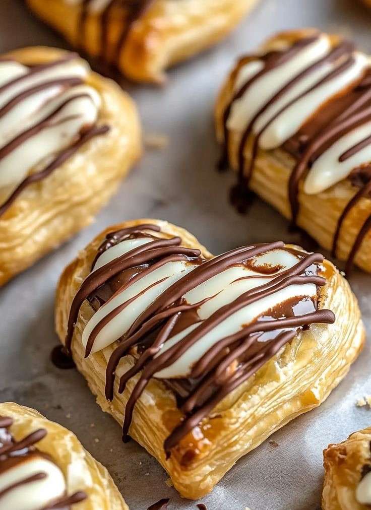 Feuilletés au chocolat en forme de cœur garnis de chocolat, pâte feuilletée dorée et croustillante, filets de chocolat au lait et blanc, présentation élégante sur assiette.