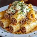 Plat de rigatonis farcis à la viande hachée, recouverts de sauce tomate et de mozzarella fondue dorée, servis chauds dans un plat rectangulaire.