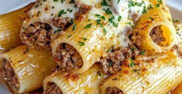 Plat de rigatonis farcis à la viande hachée, recouverts de sauce tomate et de mozzarella fondue dorée, servis chauds dans un plat rectangulaire.