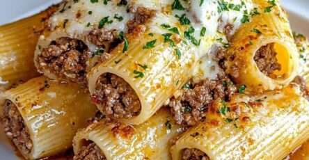 Plat de rigatonis farcis à la viande hachée, recouverts de sauce tomate et de mozzarella fondue dorée, servis chauds dans un plat rectangulaire.