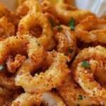 Assiette de calamars frits croustillants dorés, anneaux bien enrobés servis avec quartiers de citron et persil frais, texture croquante visible.