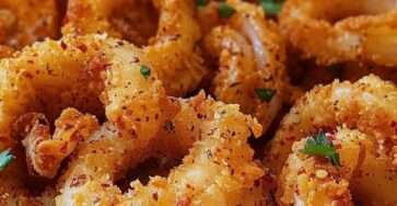 Assiette de calamars frits croustillants dorés, anneaux bien enrobés servis avec quartiers de citron et persil frais, texture croquante visible.