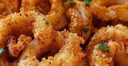 Assiette de calamars frits croustillants dorés, anneaux bien enrobés servis avec quartiers de citron et persil frais, texture croquante visible.