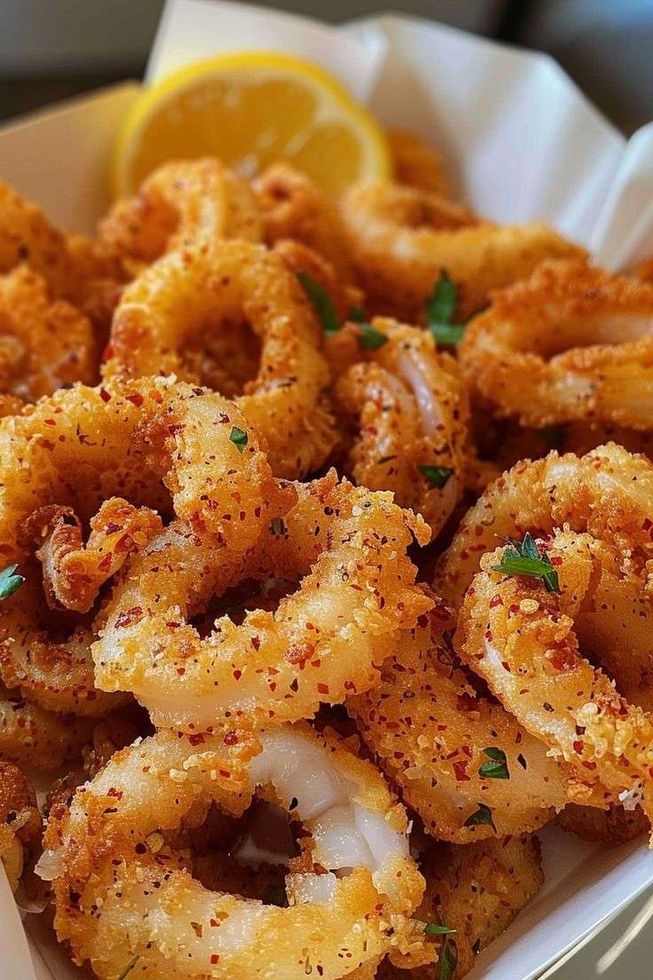Assiette de calamars frits croustillants dorés, anneaux bien enrobés servis avec quartiers de citron et persil frais, texture croquante visible.