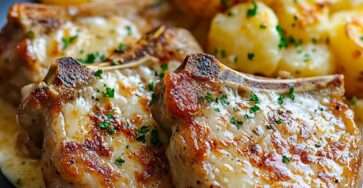 Côtes de porc épaisses nappées de sauce crémeuse à l’ail et au parmesan, servies avec pommes de terre rissolées dorées aux herbes fraîches.