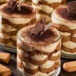 Tiramisu individuel aux spéculoos, couches visibles de crème mascarpone et biscuits imbibés de café, saupoudrées de cacao et copeaux de chocolat.