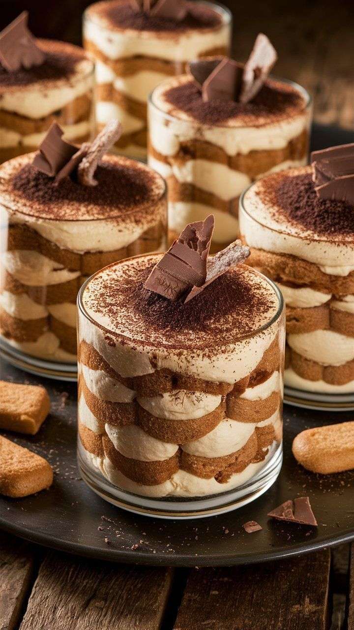 Tiramisu individuel aux spéculoos, couches visibles de crème mascarpone et biscuits imbibés de café, saupoudrées de cacao et copeaux de chocolat.