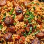 Poêlée de riz à la saucisse Cajun avec rondelles de saucisse fumée dorées, poivrons colorés, céleri et oignons, parsemée de persil frais.