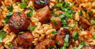 Poêlée de riz à la saucisse Cajun avec rondelles de saucisse fumée dorées, poivrons colorés, céleri et oignons, parsemée de persil frais.