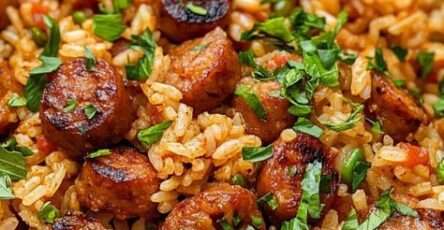 Poêlée de riz à la saucisse Cajun avec rondelles de saucisse fumée dorées, poivrons colorés, céleri et oignons, parsemée de persil frais.