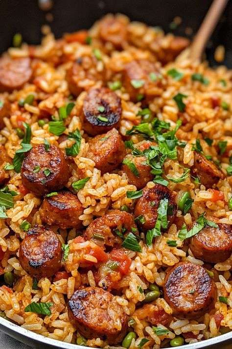 Poêlée de riz à la saucisse Cajun avec rondelles de saucisse fumée dorées, poivrons colorés, céleri et oignons, parsemée de persil frais.