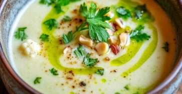 Velouté de chou-fleur crémeux servi dans un bol, garni de noisettes torréfiées et d’un filet d’huile de persil verte.