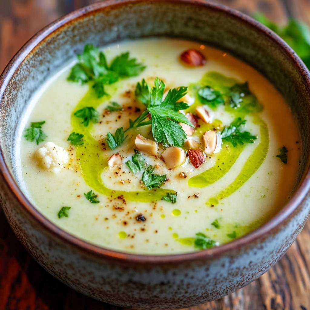 Velouté de chou-fleur crémeux servi dans un bol, garni de noisettes torréfiées et d’un filet d’huile de persil verte.