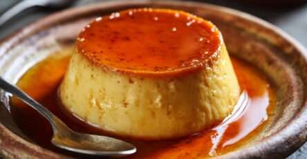 Flan aux œufs maison au sucre roux, texture lisse et fondante, cuit au bain-marie et servi bien frais.
