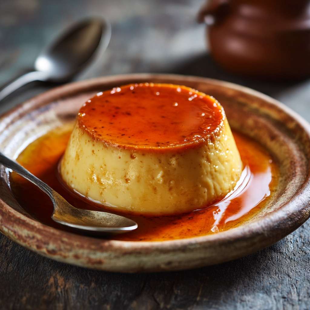 Flan aux œufs maison au sucre roux, texture lisse et fondante, cuit au bain-marie et servi bien frais.