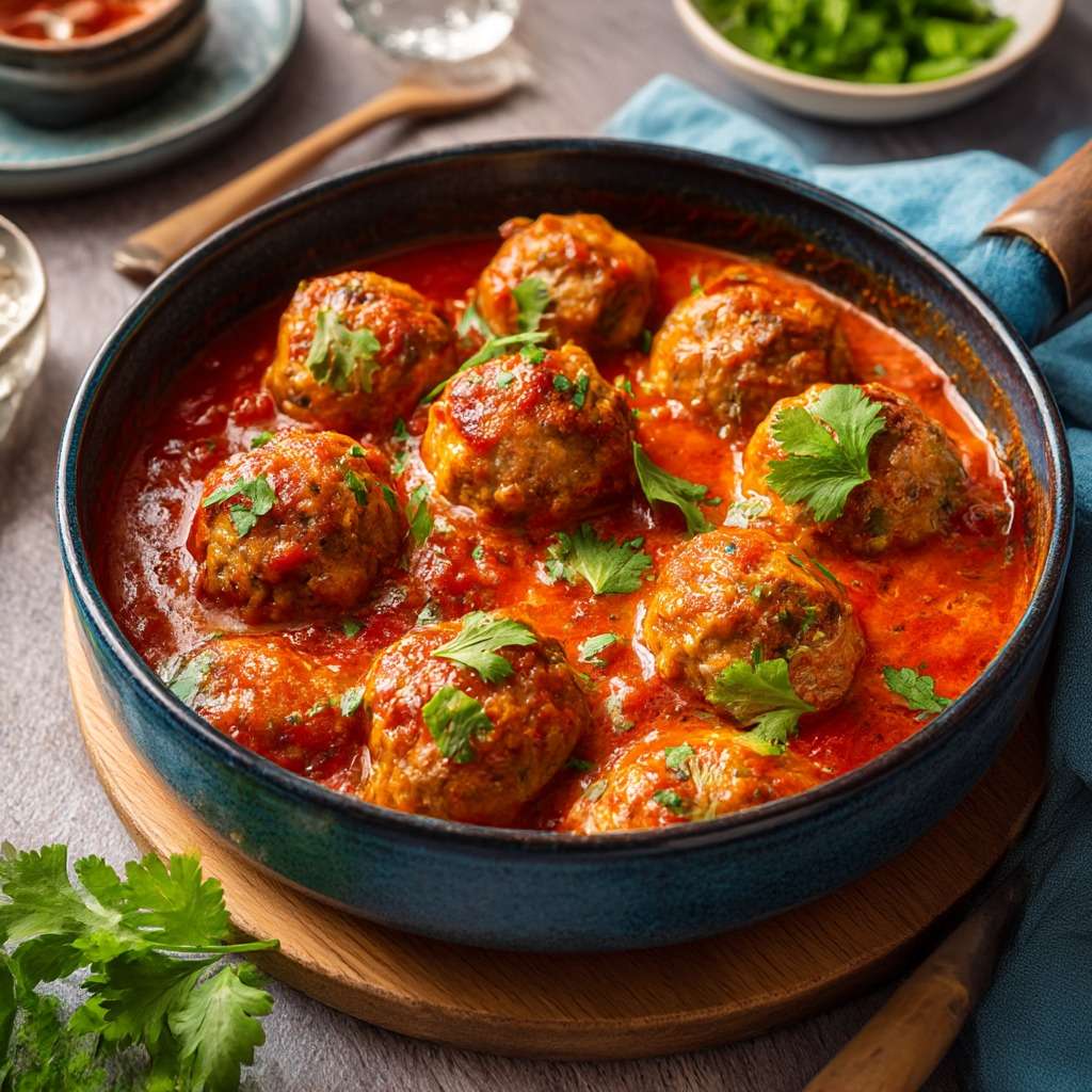 Boulettes de viande maison mijotées dans une sauce tomate épicée, servies chaudes avec herbes fraîches et pain pour saucer.