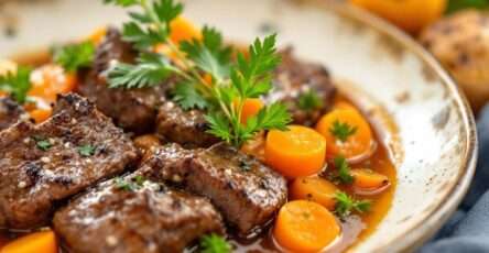 Bœuf aux carottes mijoté en cocotte, viande tendre, carottes fondantes et sauce brune onctueuse, servi bien chaud.