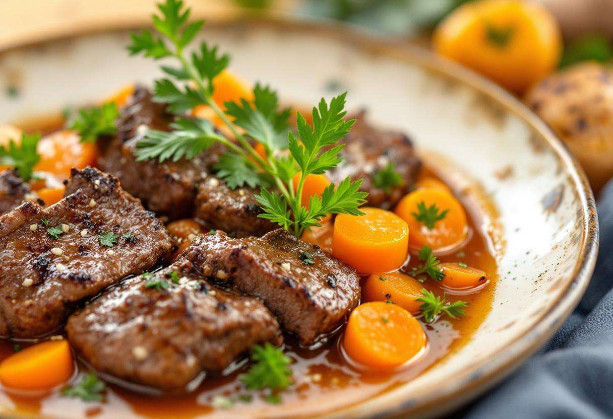 Bœuf aux carottes mijoté en cocotte, viande tendre, carottes fondantes et sauce brune onctueuse, servi bien chaud.