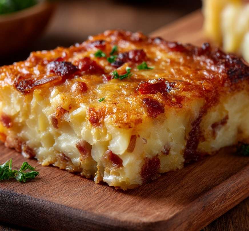 Gâteau salé de pommes de terre aux lardons fumés et fromage fondu, doré au four, servi en parts épaisses avec salade verte.