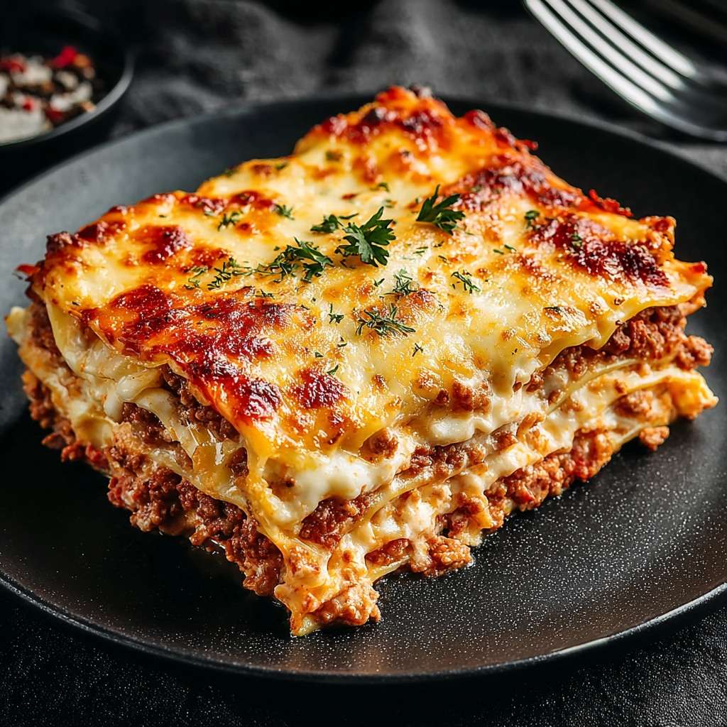 Lasagnes familiales maison au bœuf haché, sauce tomate et béchamel, recouvertes de fromage gratiné doré et fondant, servies bien chaudes.