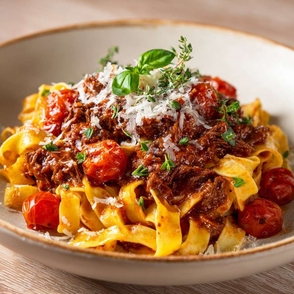 Pappardelle fraîches nappées d’une sauce bolognaise italienne épaisse au bœuf effiloché, tomates et herbes, servies avec parmesan.